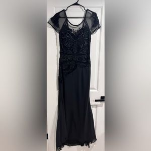 Black short sleeve embellished dress. Formal gown.